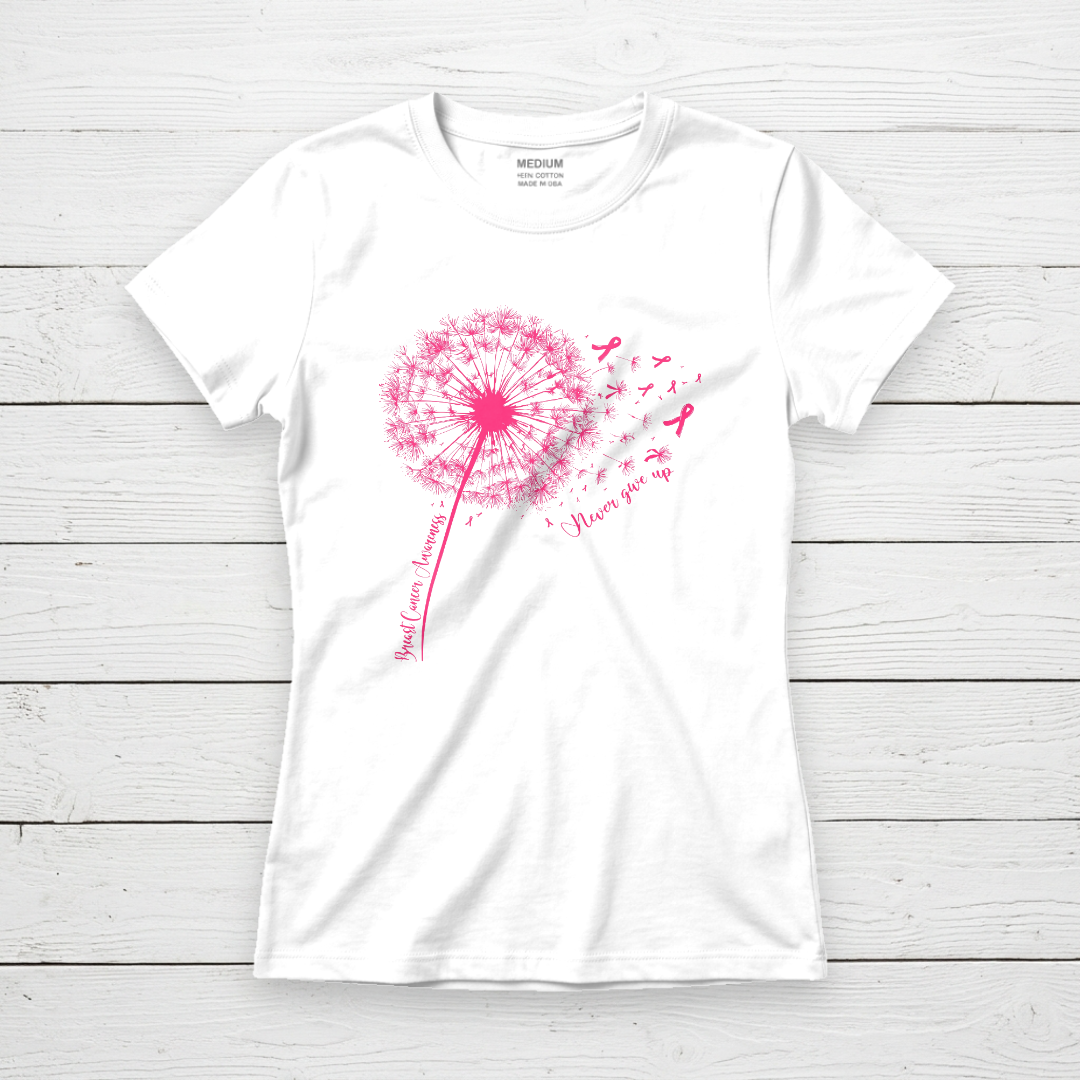 Never Give Up Pink Ribbon Dandelion Tee